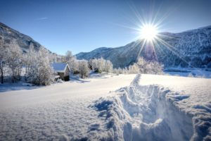 winter, Mountains, Trees, Houses, Footprints, Landscape