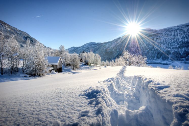 winter, Mountains, Trees, Houses, Footprints, Landscape HD Wallpaper Desktop Background