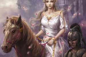fantasy, Dress, Blonde, Girl, Horse, Beautiful
