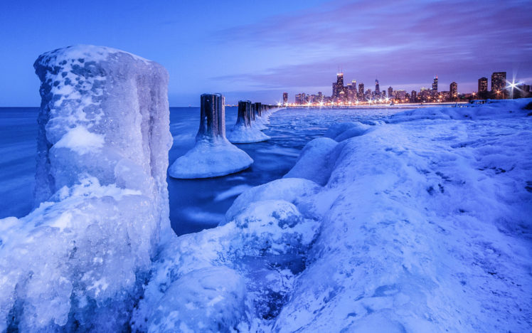 chicago, Night, Lights, Winter, Snow, Ice HD Wallpaper Desktop Background