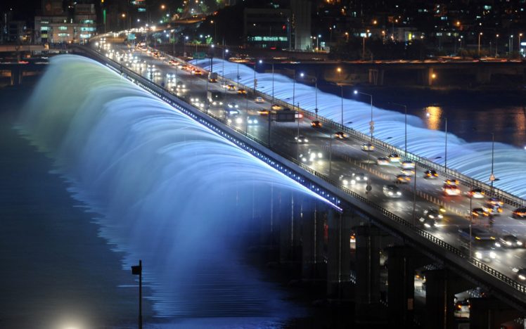 fountain, Seoul, Fountain, Lights, Night, South, Korea, The, Bridge HD Wallpaper Desktop Background