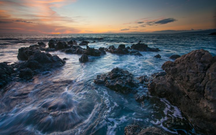 hawaii, Sea, Rocks, Sunset HD Wallpaper Desktop Background