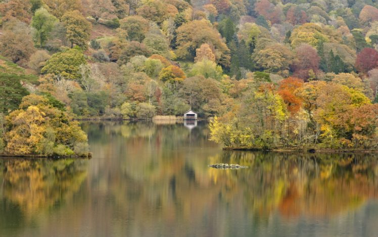 lake, Hills, Trees, Autumn, House HD Wallpaper Desktop Background