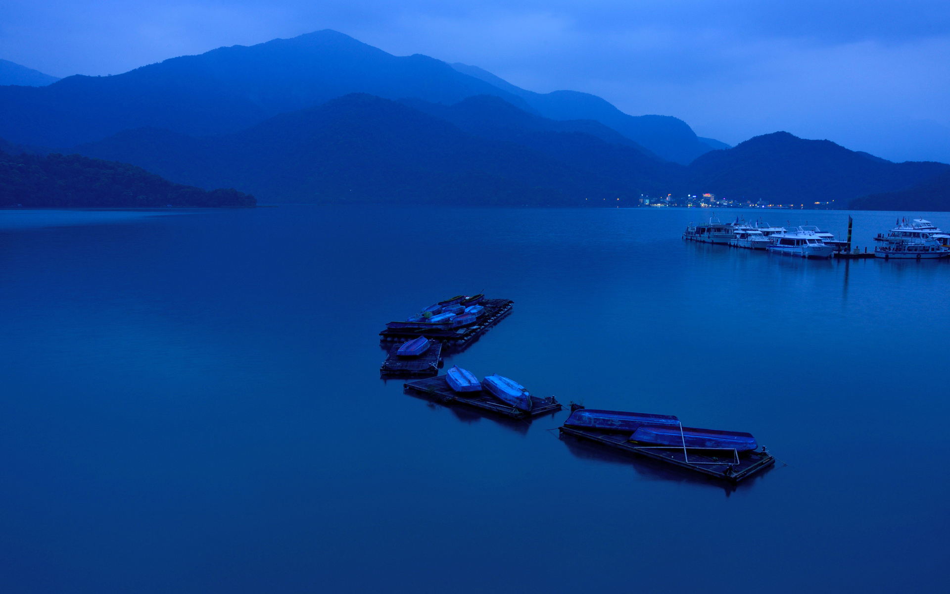mountains, Bay, Boat, Ferry, Lights, Night, Lakes Wallpaper