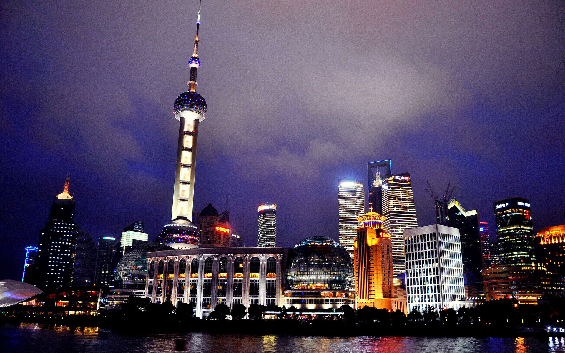night, Lights, Water, Reflection, Shanghai Wallpaper