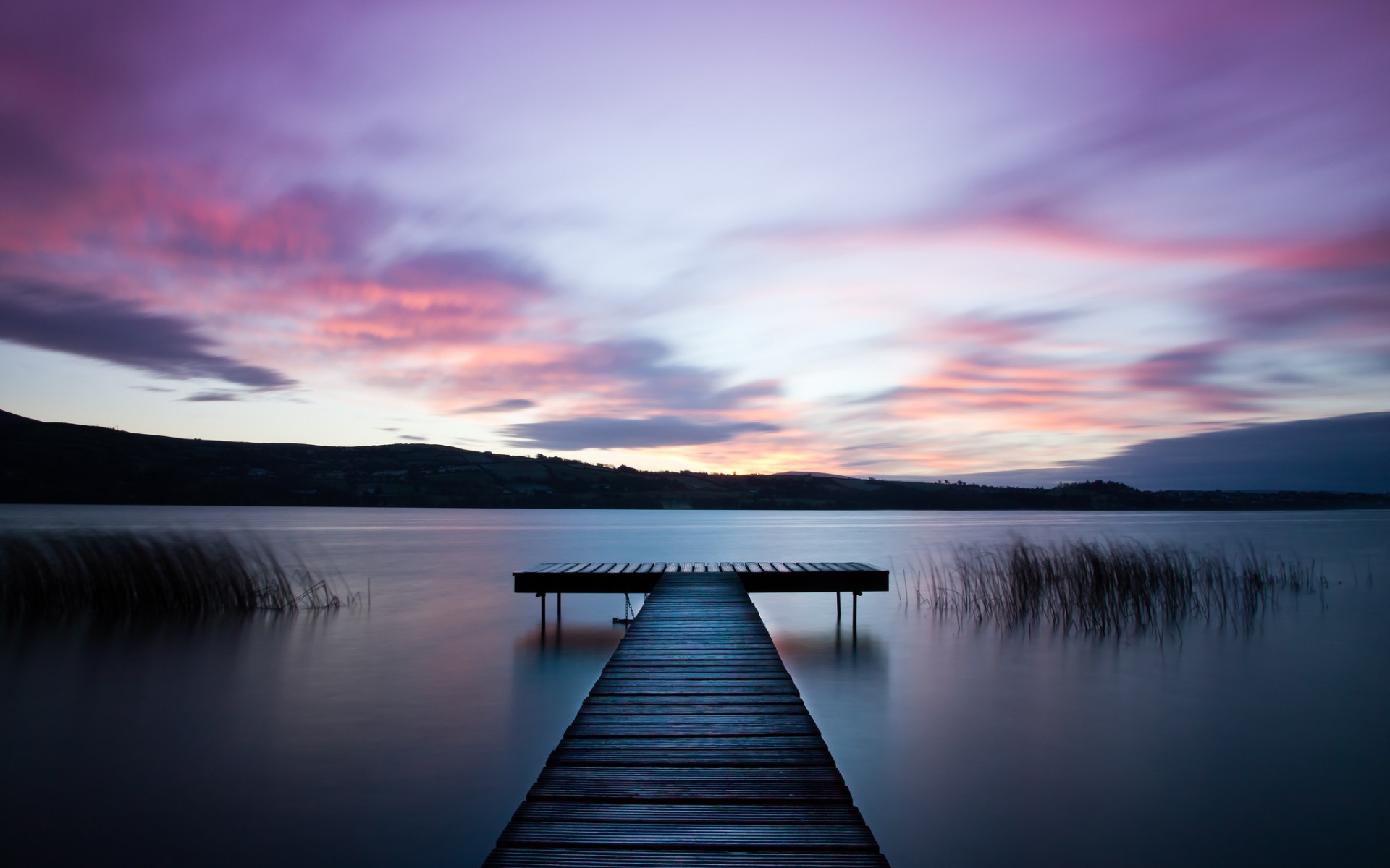 river, Beach, Water, Surface, Grass, Wooden, Bridge, Night, Purple, Sky, Clouds Wallpaper