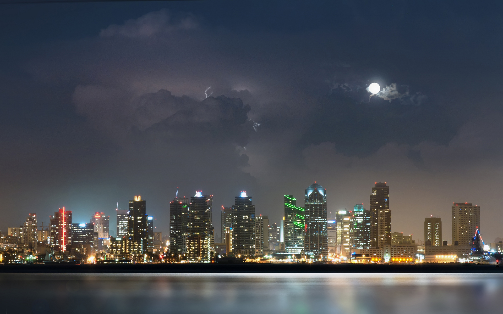 san, Diego, City, Night, River, Water, Lights, Moon, Clouds, Thunder, Lightning, Skyscrapers Wallpaper