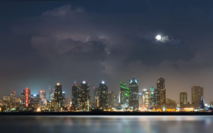 san, Diego, City, Night, River, Water, Lights, Moon, Clouds, Thunder, Lightning, Skyscrapers HD Wallpaper Desktop Background