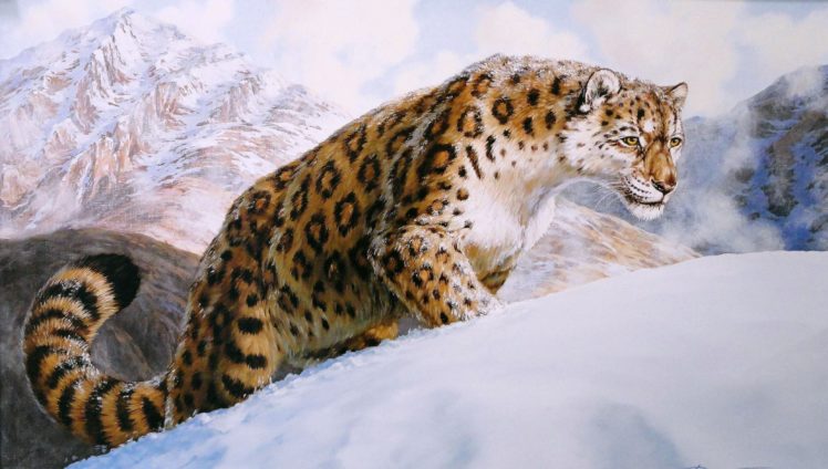 artwork, Winter, Snow, Mountains, Leopard, Cat, Predator HD Wallpaper Desktop Background