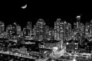 vancouver, Buildings, Bw, Night, Moon