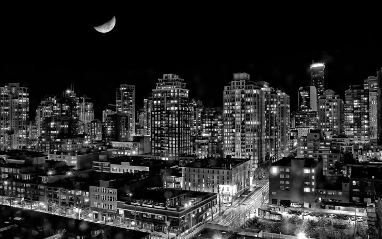 vancouver, Buildings, Bw, Night, Moon HD Wallpaper Desktop Background