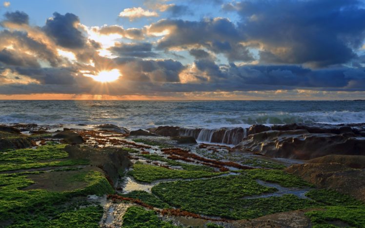 sunset, Rocks, Clouds, Coast, Ocean HD Wallpaper Desktop Background