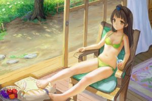 animal, Barefoot, Bikini, Brown, Hair, Cat, Drink, Fruit, Grass, Long, Hair, Minami, Kotori, Navel, Sayika, Summer, Swimsuit, Yellow, Eyes