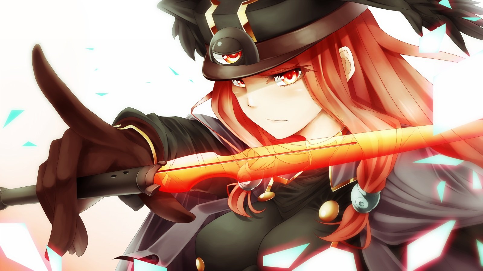 blazblue, Cape, Close, Gloves, Hat, Inaba, Sunimi, Long, Hair, Red, Eyes, Red, Hair, Sword, Tsubaki, Yayoi, Weapon, White Wallpaper