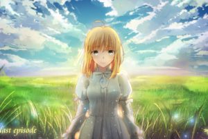 blonde, Hair, Clouds, Dress, Fate, Stay, Night, Grass, Green, Eyes, Landscape, Magicians, Saber, Scenic, Signed, Sky