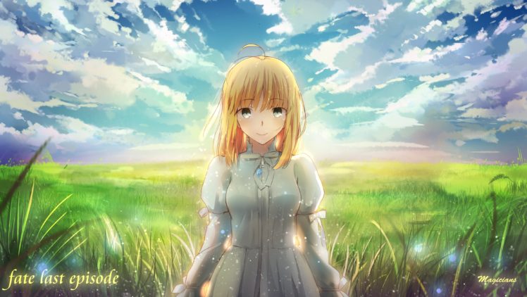 blonde, Hair, Clouds, Dress, Fate, Stay, Night, Grass, Green, Eyes, Landscape, Magicians, Saber, Scenic, Signed, Sky HD Wallpaper Desktop Background