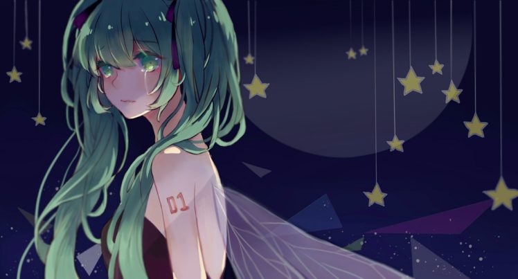 ffan, Green, Eyes, Green, Hair, Hatsune, Miku, No, Bra, Tattoo, Twintails, Vocaloid, Wings HD Wallpaper Desktop Background