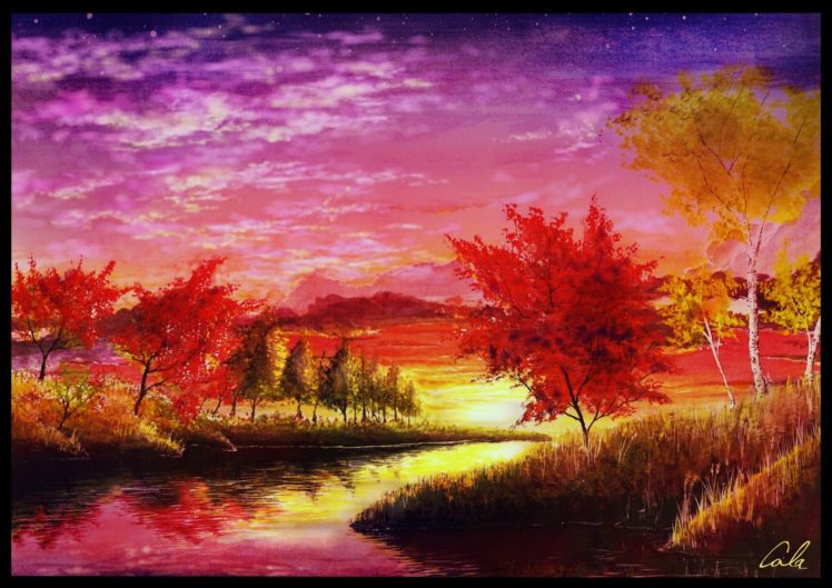 autumn, Clouds, Cola,  gotouryouta , Grass, Landscape, Original, Scenic, Signed, Sky, Sunset, Tree, Water HD Wallpaper Desktop Background