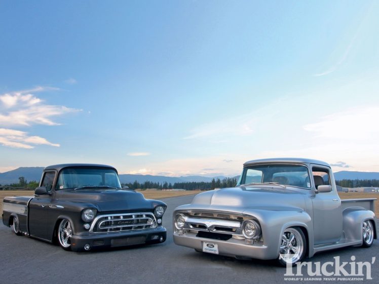 1956, Ford, F 100, Pickup, 1957, Chevrolet, Chevy, Pickup, Cameo, Custom, Hotrod, Street, Rod, Hot, Usa,  01 HD Wallpaper Desktop Background