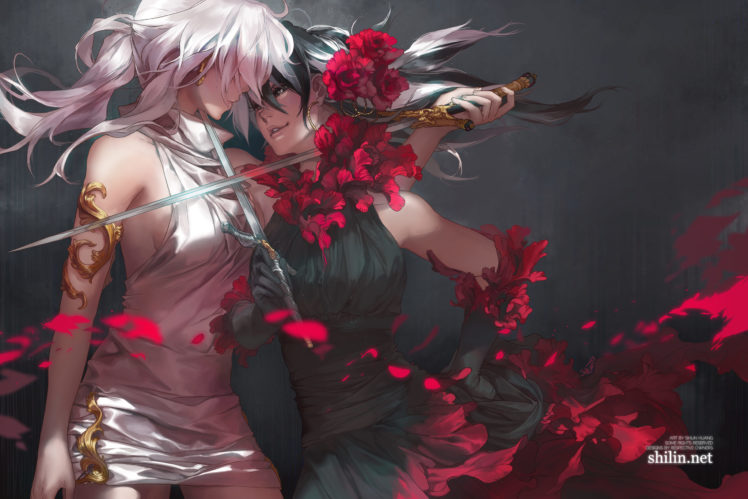 girls, Carciphona, Flowers, Shilin, Sword, Weapon, White, Hair HD Wallpaper Desktop Background