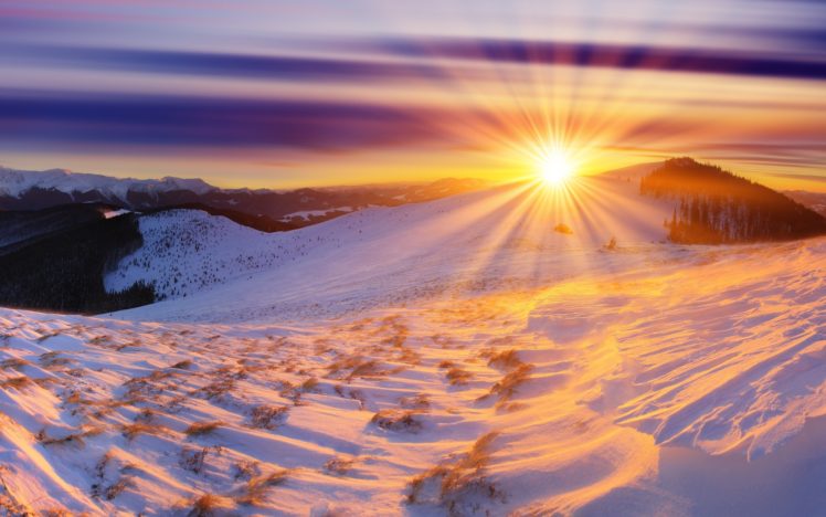 sun, Mountains, Winter, Sunrise, Snow HD Wallpaper Desktop Background