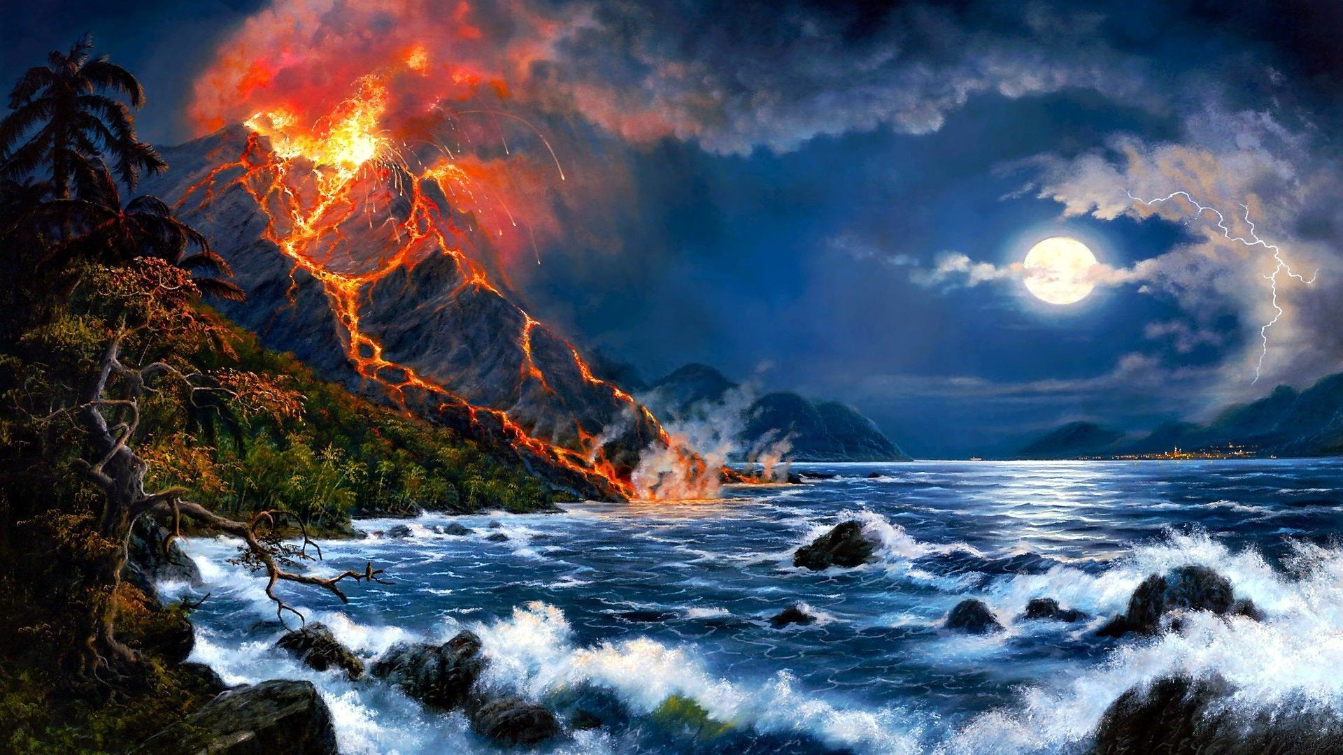 volcan, Arte, Pintura Wallpaper