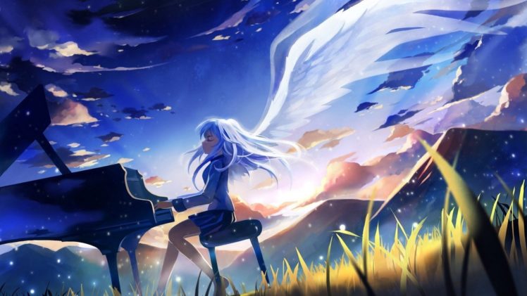 anime, Girl, Angel, White, Hair, Play, Piano HD Wallpaper Desktop Background