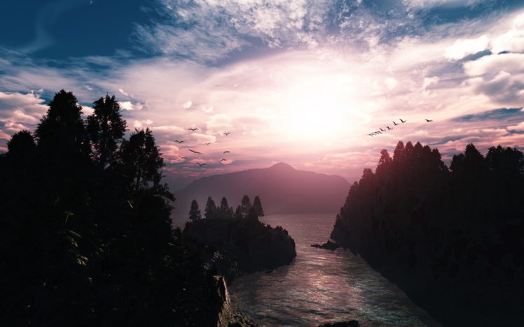 ocean, Sunlight, Birds, Trees, Landscape, Cg HD Wallpaper Desktop Background