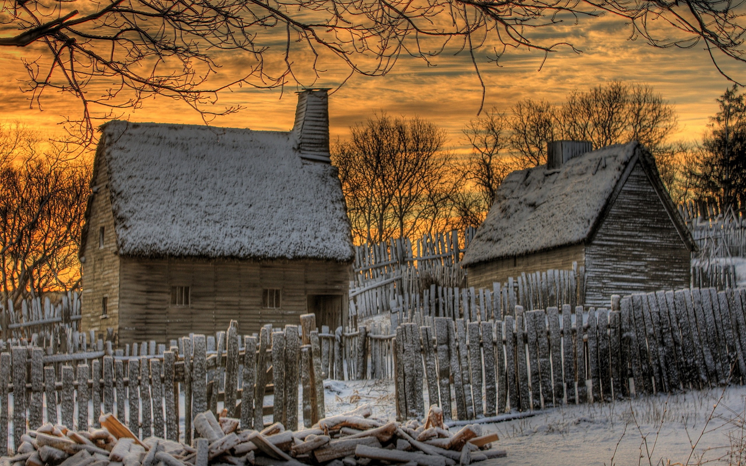 nature, Landscape, Snow, Sky, Winter, Clouds, Sunset, Trees, Houses Wallpaper
