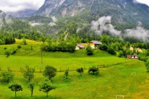 slovenia, Mountains, Trees, Wood, Houses, Clouds, Grass, Meado