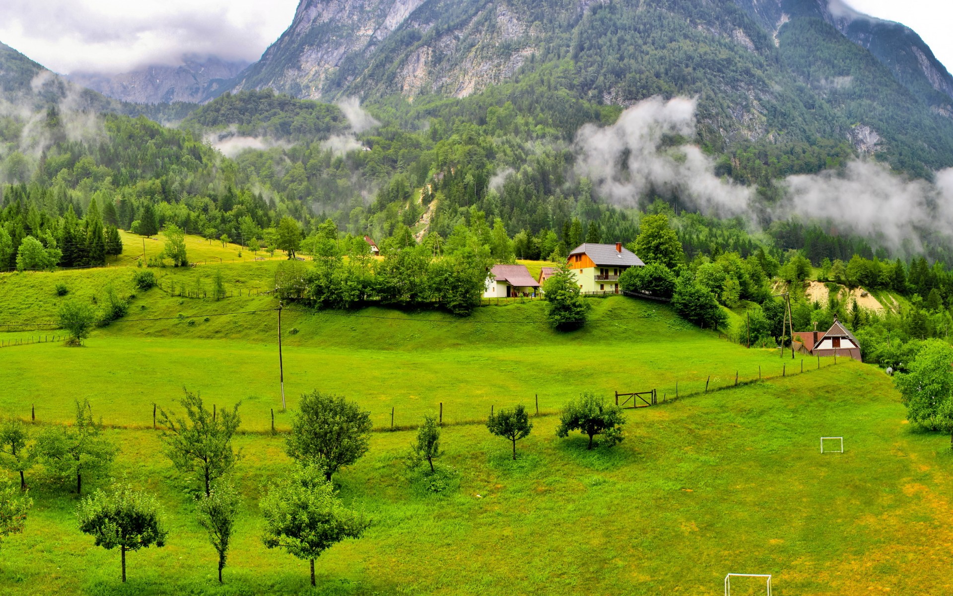 slovenia, Mountains, Trees, Wood, Houses, Clouds, Grass, Meado Wallpaper