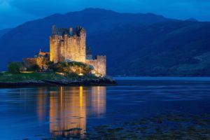 united, Kingdom, Scotland, Dornie, Night, Water, Castle, Lights, Light, Mountains, Hills, Blue, Hour