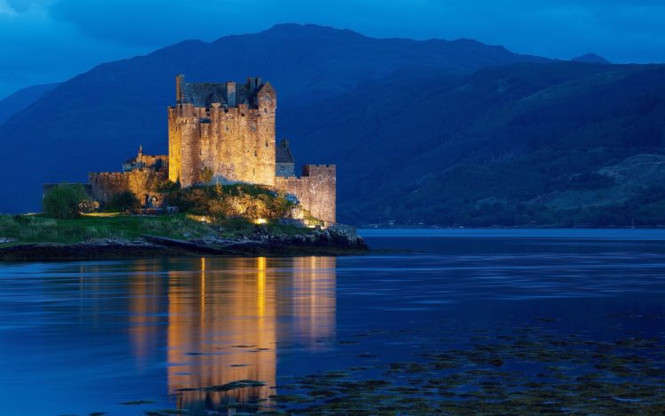 united, Kingdom, Scotland, Dornie, Night, Water, Castle, Lights, Light, Mountains, Hills, Blue, Hour HD Wallpaper Desktop Background