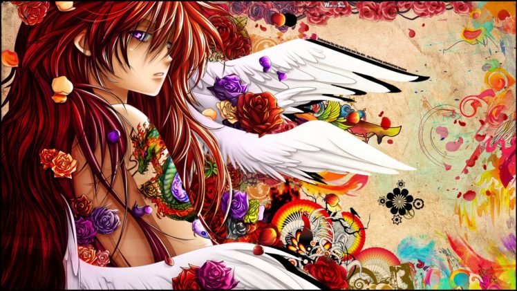 anime, Girl, Tattoo, Red, Hair, Purple, Eyes HD Wallpaper Desktop Background