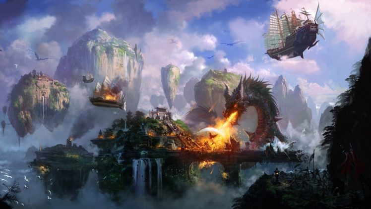 art, Liang, Xing, City, Battle, Dragon, Fire, Attack, Bird, Ships, Flying, Mountains, Cliffs, Waterfalls, A, Temple HD Wallpaper Desktop Background