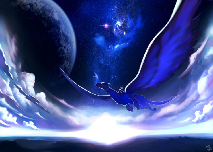 dragons, Sky, Planets, Clouds, Wings, Flight, Fantasy HD Wallpaper Desktop Background