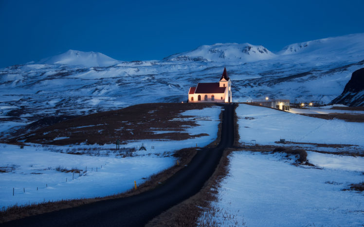 iceland, Church, Light, Lighting, Road, Hills, Mountains, Snow, Blue, Sky, Night HD Wallpaper Desktop Background