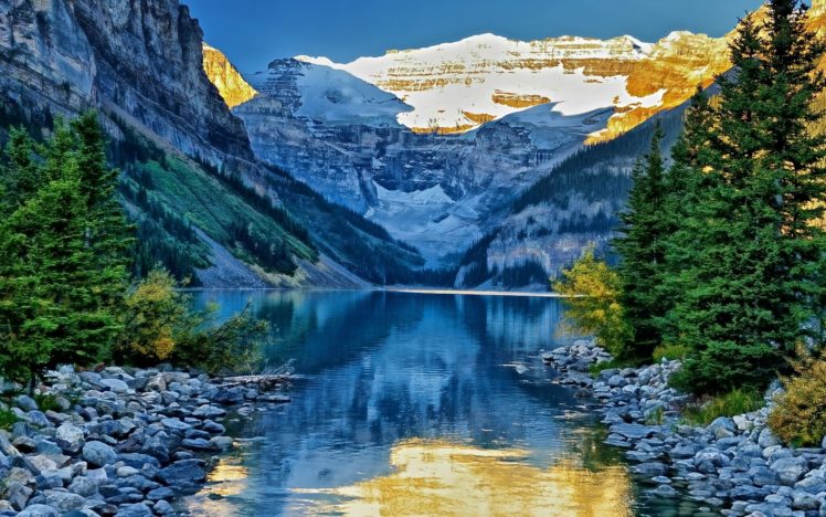 lake, Mountains, Rocks, Trees HD Wallpaper Desktop Background