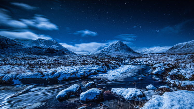 night, Sky, Stars, Mountains, Stream, Snow, Winter HD Wallpaper Desktop Background