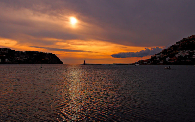 sea, Bay, Lighthouse, Mountains, Sunset, Clouds, Clouds, Sun HD Wallpaper Desktop Background