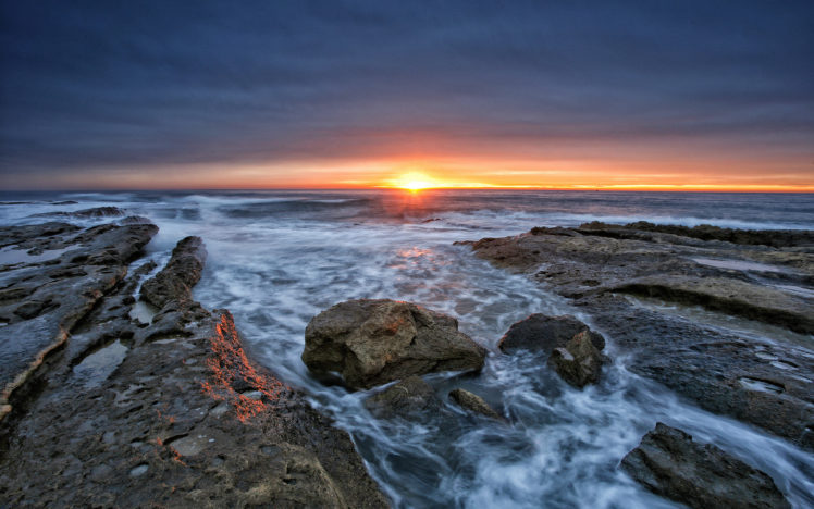 sea, Shore, Rocky, Horizon, Sun, Sunset, Reflection HD Wallpaper Desktop Background