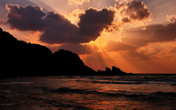 sky, The, Light, The, Sea, Rays, Waves, Sunset, Ocean HD Wallpaper Desktop Background