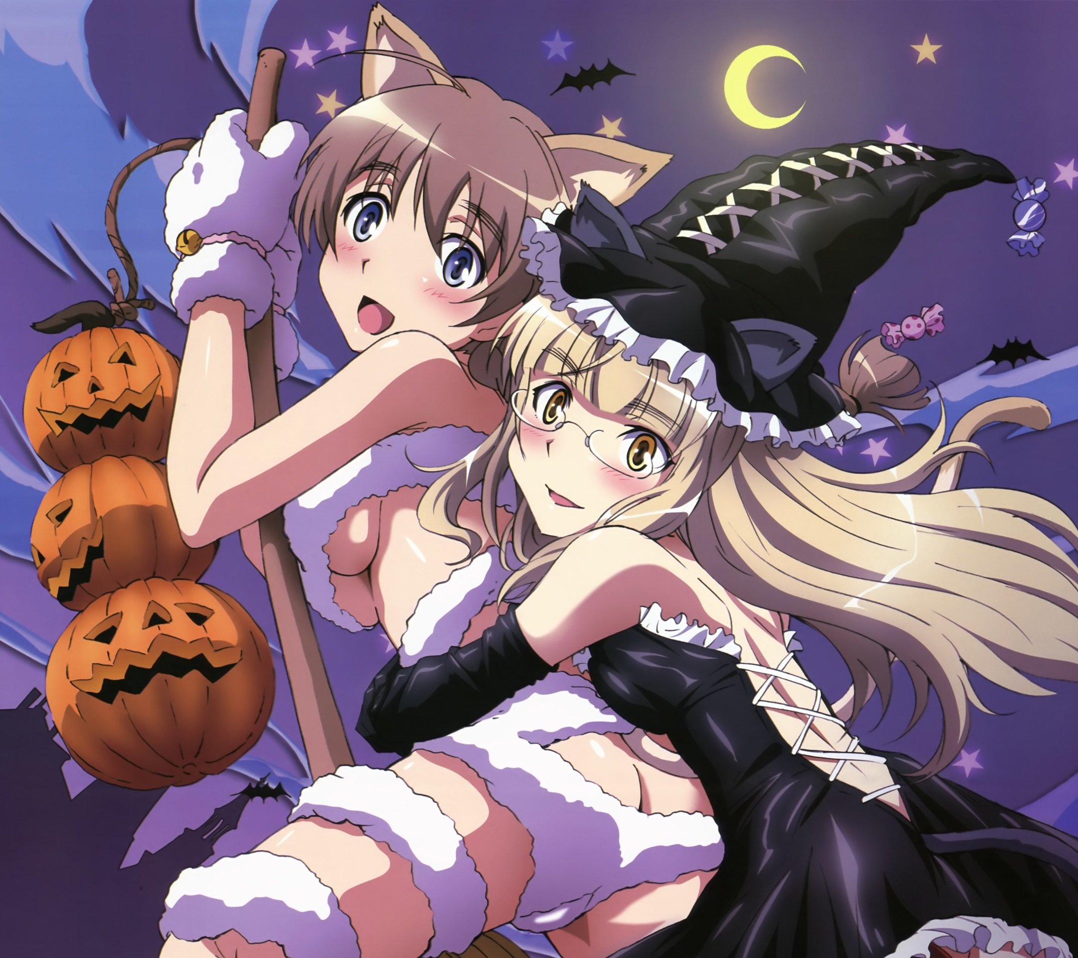 anime, Girls, Brown, And, Blonde, Hair, Blue, And, Yellow, Eyes, Halloween Wallpaper