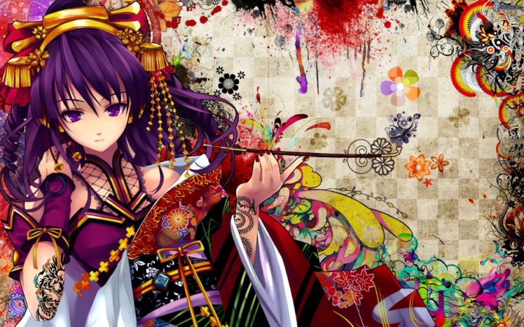 anime, Girl, Purple, Hair, Purple, Eyes, Tattoo HD Wallpaper Desktop Background