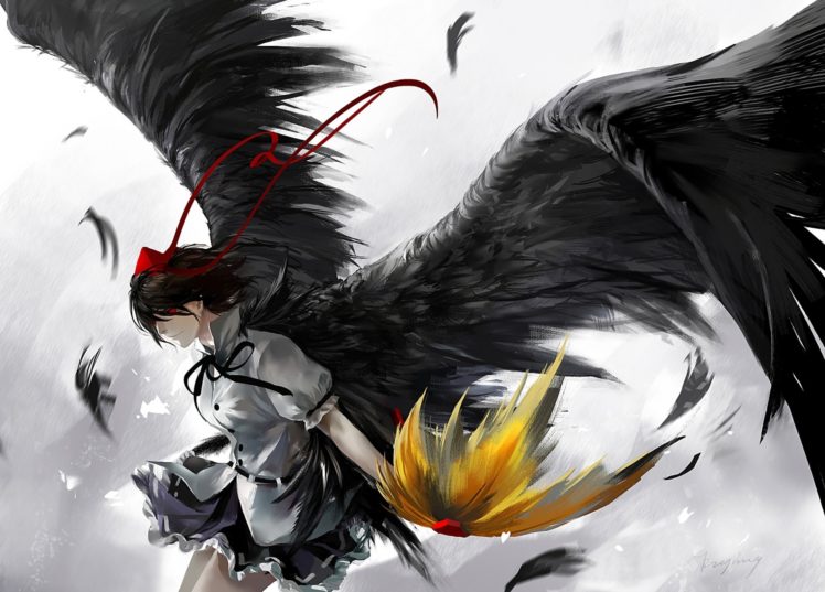 art, Kzcjimmy, Touhou, Shameimaru, Aya, Girl, Wings, Ribbon, Angel, Angels HD Wallpaper Desktop Background