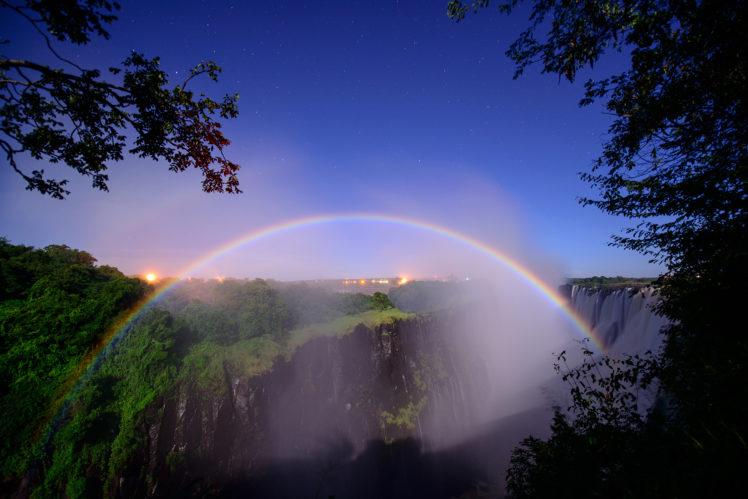 zambezi, River, South, Africa, Rainbow, Rainbows, Fog, Mist, Night, Waterfalls, Rivers, Gorge, Sky, Stars, Lights, Trees HD Wallpaper Desktop Background