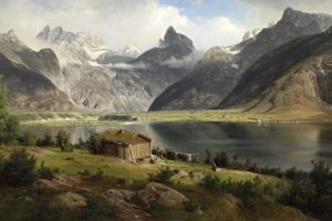 house, Lake, Mountains, Drawing, Landscapes, Paintings, Painting