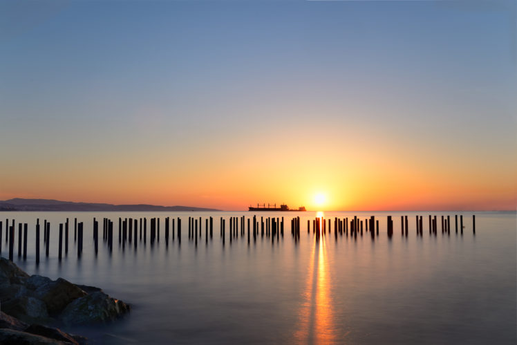 sunset, Ocean, Sea, Sky, Ship, Ships, Reflection HD Wallpaper Desktop Background