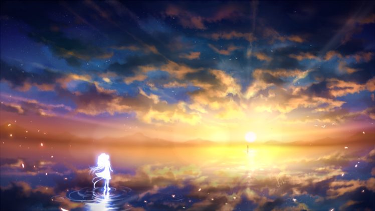 anime, Girl, Sunset, Sky, Clouds, Beauty, Landscape HD Wallpaper Desktop Background