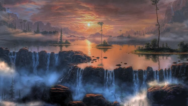 fantasy, Art, Artwork, Landscape, Nature, River, Waterfall HD Wallpaper Desktop Background